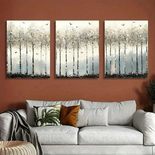 3pcs Classic Abstract Birch Trees Painting Metal Print Ready to Hang Art