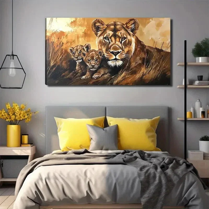 Lion Mother And Little Lion Wall Art Canvas Office Home Room Framed 80x45cm