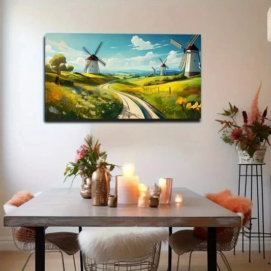 Leisurely Sky Windmills Road Wall Art Ccanvas Office Home Room Framed 80x45cm
