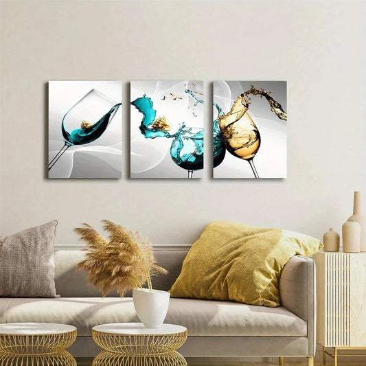 3pcs Abstract Splash Wine Glass Blue Gold Metal Print Ready to Hang Art
