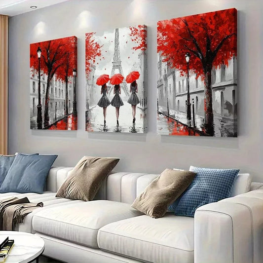 3pcs Paris Elegant Women with Red Umbrellas Wall Art Set Canvas Framed 40x60cm - High Quality Print 100% Australian Made Wall Canvas Ready to Hang
