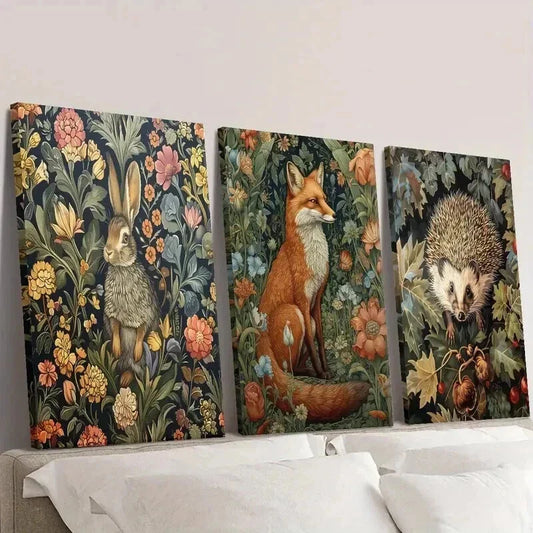 3pcs Bunny Fox Hedgehog with Flowers Wall Art Set Canvas Framed 40x60cm - High Quality Print 100% Australian Made Wall Canvas Ready to Hang