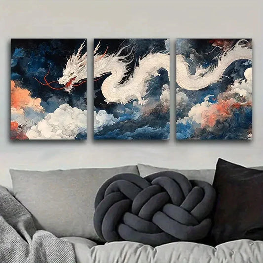3pcs White Dragon in Cloud Sea Metal Print Ready to Hang Art