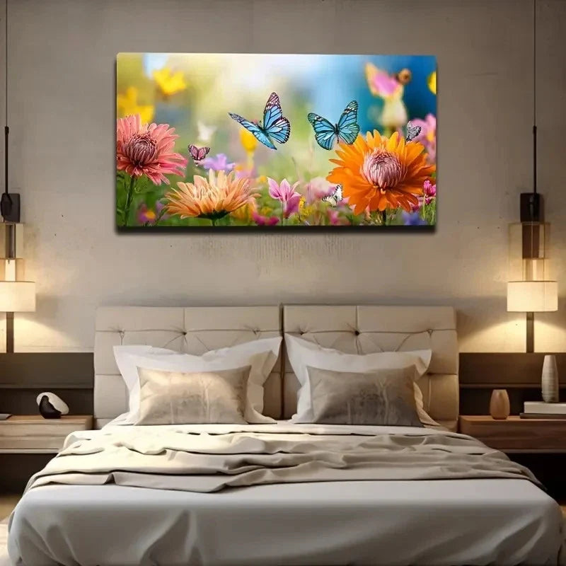Vibrant Butterfly Chrysanthemum Wall Art Canvas Office Home Room Framed 80x45cm