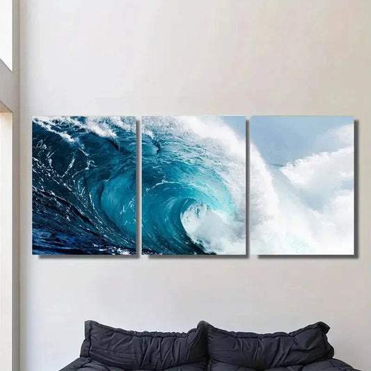 3pcs Modern Coastal Ocean Wave Triptych Metal Print Ready to Hang Art