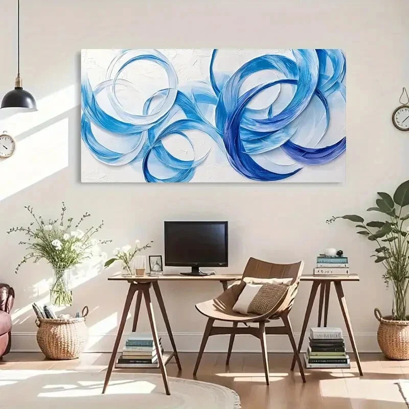 Blue Swirls Abstract Design Wall Art Canvas Office Home Room Framed 80x45cm
