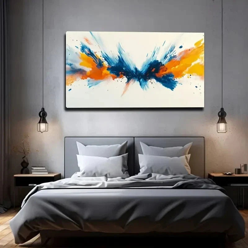 Blue Orange & White Splatter Wall Art Canvas Office Home Room Framed 120x60cm