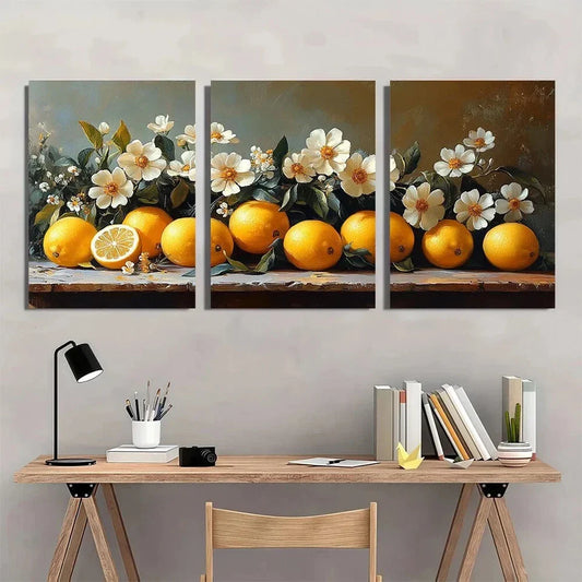 3pcs Floral & Lemon Vibrant White Flowers Metal Print Ready to Hang Art