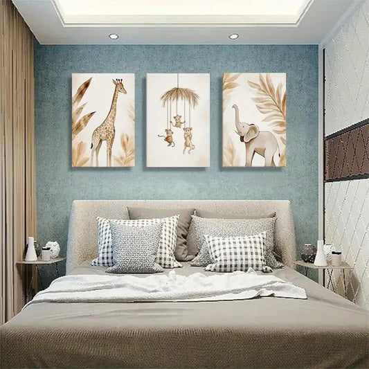 3pcs Safari Jungle Theme Animal Friends Perfect Wall Art Set Canvas Framed 40x60cm - High Quality Print 100% Australian Made Wall Canvas Ready to Hang