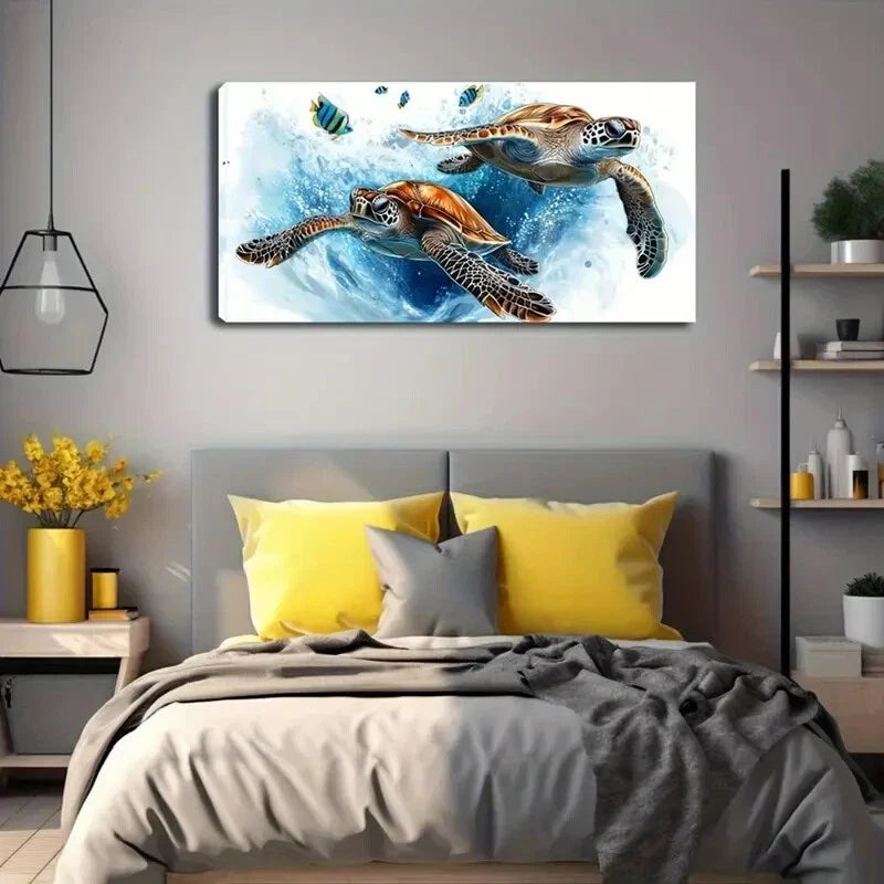 Sea Turtles Swimming Blue White Wall Art Canvas Office Home Room Framed 120x60cm