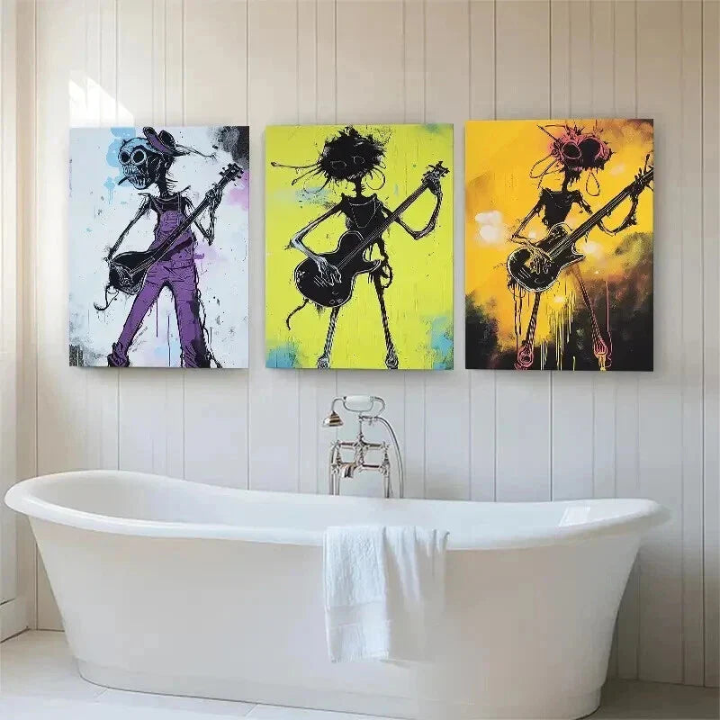 3pcs Funky Guitarist Skeleton Music Perfect Wall Art Set Canvas Framed 40x60cm - High Quality Print 100% Australian Made Wall Canvas Ready to Hang