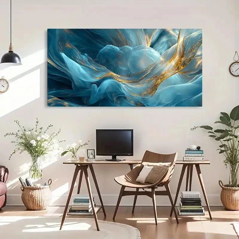 Floral Abstract Golden Ethereal Wall Art Canvas Office Home Room Framed 120x60cm
