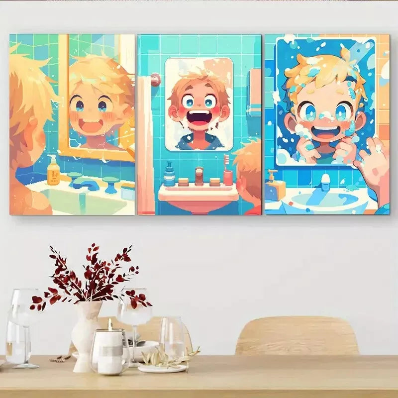 3pcs Cute Boy Washing Face Comic - style Wall Art Set Canvas Framed 40x60cm - High Quality Print 100% Australian Made Wall Canvas Ready to Hang