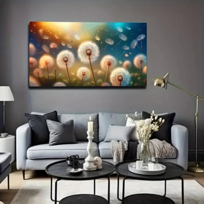 White Dandelions Flying Wall Art Canvas Office Home Room Framed 80x45cm