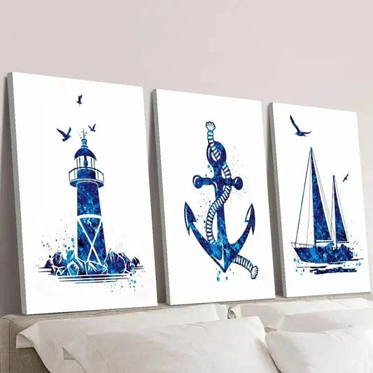 3pcs Navy Blue Lighthouse Sailboat Anchor Wall Art Set Canvas Framed 40x60cm - High Quality Print 100% Australian Made Wall Canvas Ready to Hang