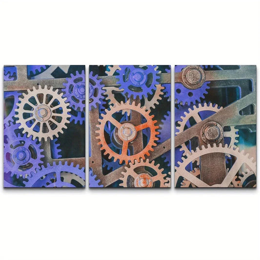 3pcs Orange Cogs & Gears Geometric Shapes Metal Print Ready to Hang Art