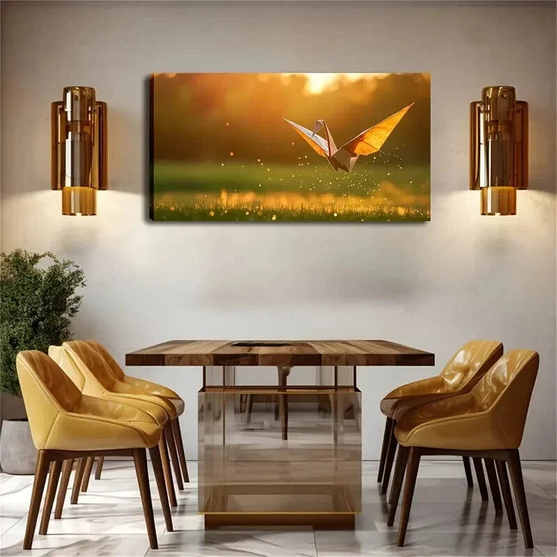 Flying Origami Crane Over Grass Wall Art Canvas Office Home Room Framed 120x60cm