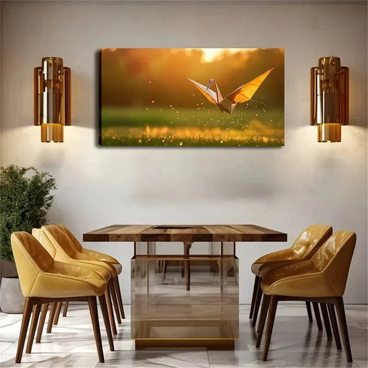 Flying Origami Crane Over Grass Wall Art Canvas Office Home Room Framed 120x60cm