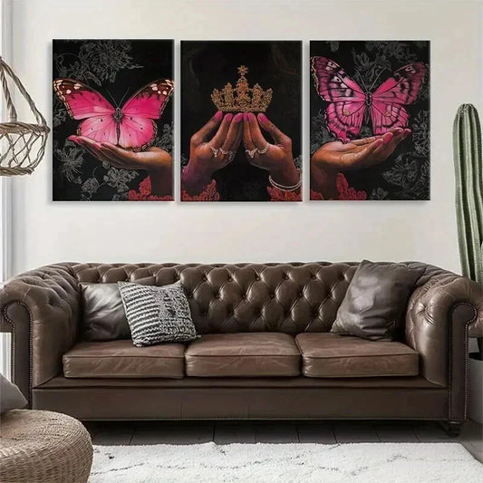 3pcs Butterfly and Crown Hands Holding Perfect Wall Art Set Canvas Framed 40x60cm - High Quality Print 100% Australian Made Wall Canvas Ready to Hang