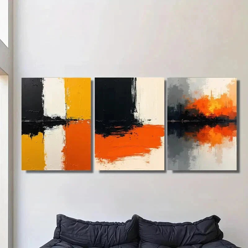 3pcs Modern Orange Black White Geometric Patterns Metal Print Ready to Hang Art