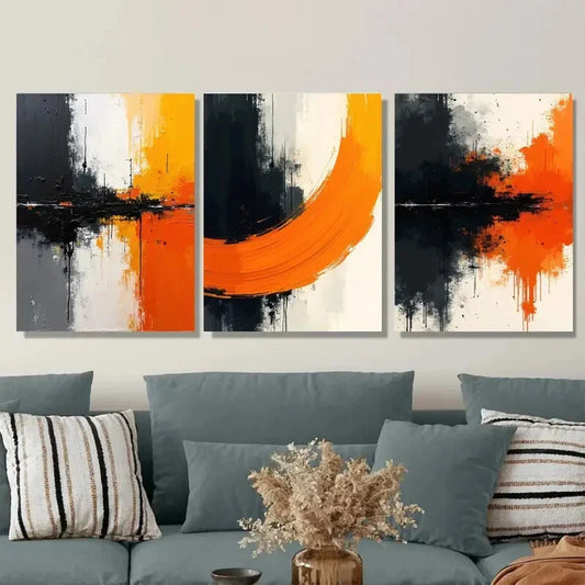 3pcs Bold Orange & Black Modern Abstract Metal Print Ready to Hang Art