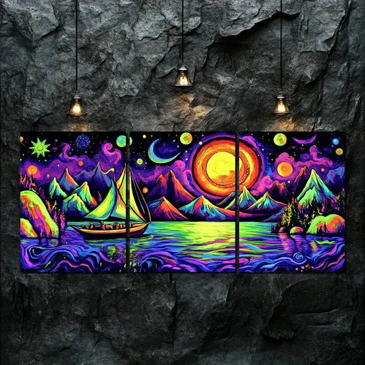 3pcs Nature Moon Colorful Lake Boat Perfect Wall Art Set Canvas Framed 40x60cm - High Quality Print 100% Australian Made Wall Canvas Ready to Hang