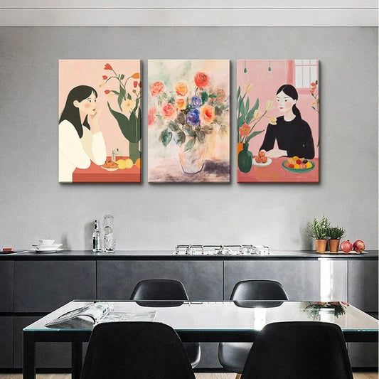 3pcs Abstract Flower Girl Colourful Metal Print Ready to Hang Art