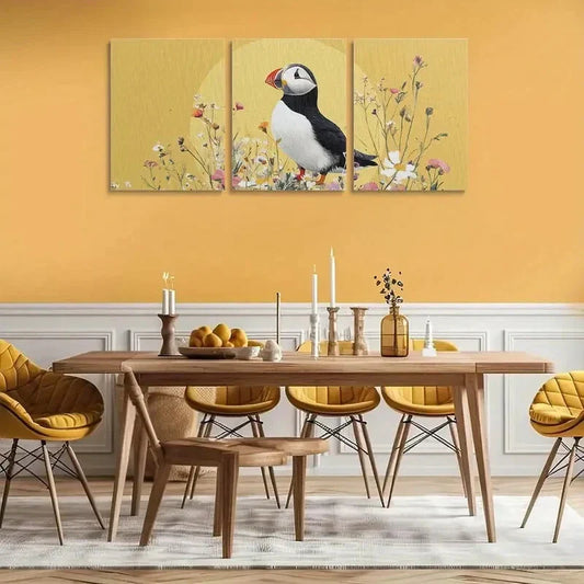 3pcs Vibrant Puffin & Wildflower Meadow Metal Print Ready to Hang Art
