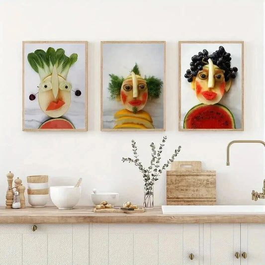 3pcs Fruit & Vegetable Portraits Wall Art Set Canvas Framed 40x60cm - High Quality Print 100% Australian Made Wall Canvas Ready to Hang