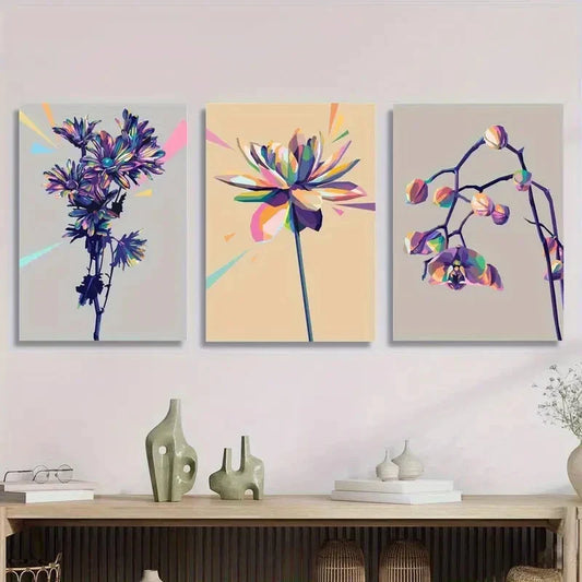 3pcs Abstract Colourful Floral Purple Gold Metal Print Ready to Hang Art