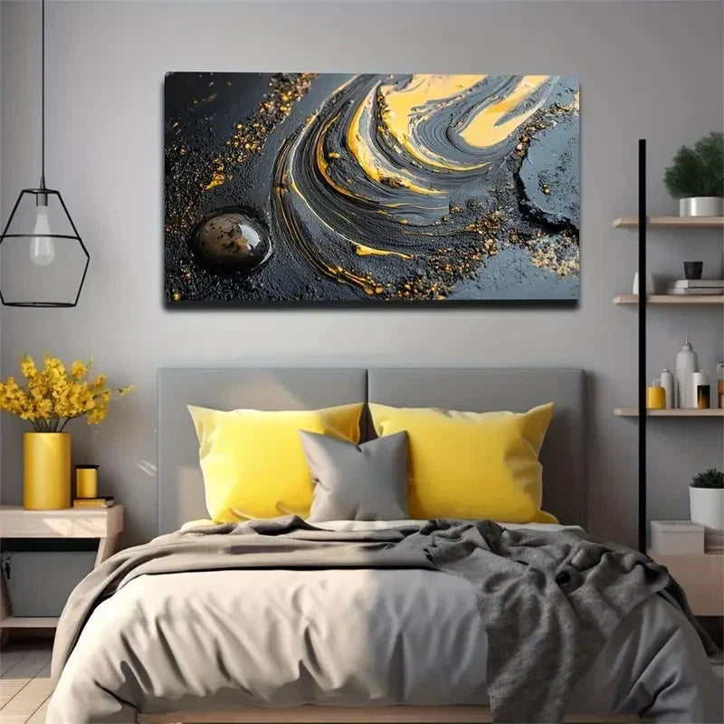 Meandering Interwoven Yellow Wall Art Canvas Office Home Room Framed 80x45cm
