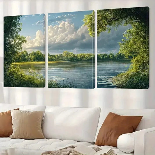 3pcs Serene River & Clouds And Green Nature Wall Art Set Canvas Framed 40x60cm - High Quality Print 100% Australian Made Wall Canvas Ready to Hang