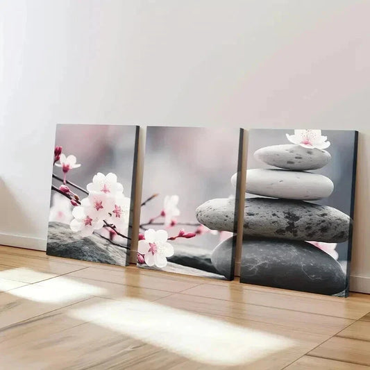 3pcs Abstract Gray And White Stones Stacked Wall Art Set Canvas Framed 40x60cm - High Quality Print 100% Australian Made Wall Canvas Ready to Hang