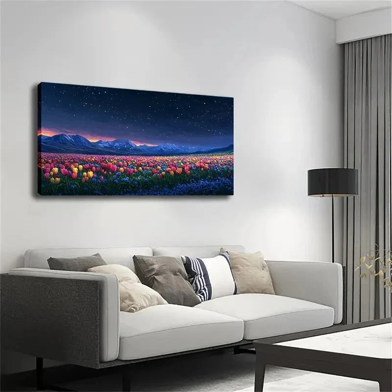 Starry Sky with A Sea Of Tulips Wall Art Canvas Office Home Room Framed 80x45cm
