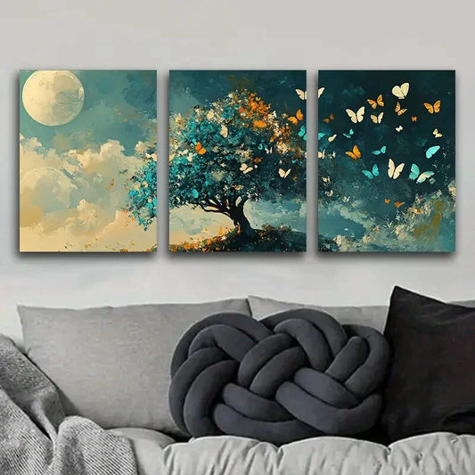 3pcs Butterfly Tree Design Durable Luxury Moon Wall Art Set Canvas Framed 40x60cm - High Quality Print 100% Australian Made Wall Canvas Ready to Hang
