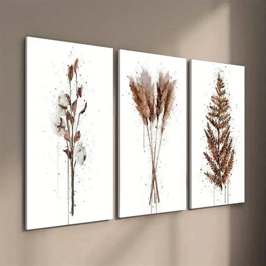 3pcs Brown Abstract Cotton Plant Print Wall Art Set Canvas Framed 40x60cm - High Quality Print 100% Australian Made Wall Canvas Ready to Hang