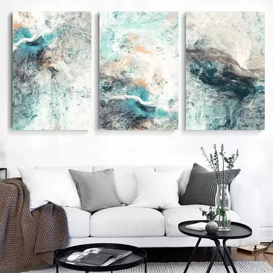 3pcs Abstract Painting Of Vibrant Cyan Colors Framed 40x60cm - High Quality Print 100% Australian Made Wall Canvas Ready to Hang