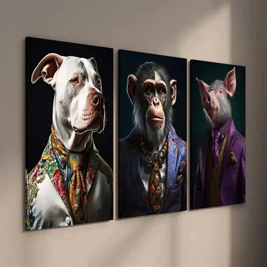 3pcs Bulldog Monkey Pig Wearing Clothes Wall Art Set Canvas Framed 40x60cm - High Quality Print 100% Australian Made Wall Canvas Ready to Hang