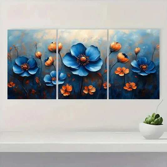 3pcs Vibrant Blue & Orange Watercolor Flower Metal Print Ready to Hang Art