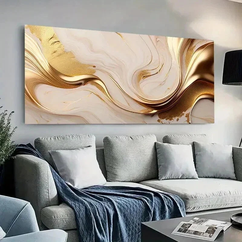 Beige & Golden Marble Liquid Wall Art Canvas Office Home Room Framed 80x45cm