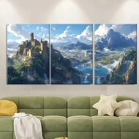 3pcs France Landscape with Castle & Waterfall Metal Print Ready to Hang Art