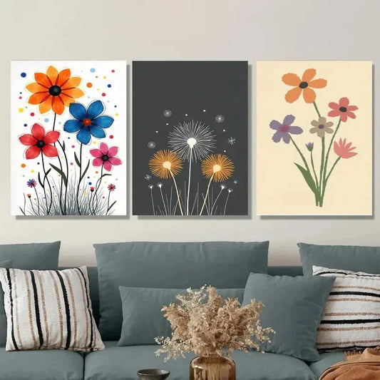 3pcs Vibrant Colorful Flowers with Dandelions Metal Print Ready to Hang Art