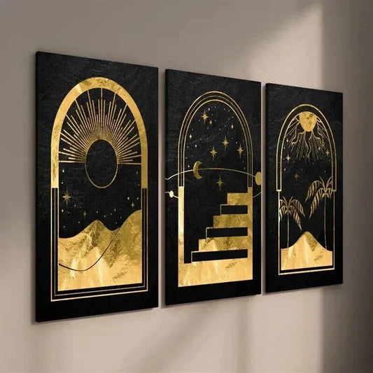 3pcs Abstract Mystical Golden Moon & Sun Wall Art Set Canvas Framed 40x60cm - High Quality Print 100% Australian Made Wall Canvas Ready to Hang