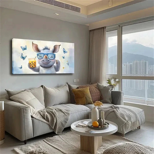 Joyful Rhino With Yellow Drink Wall Art Canvas Office Home Room Framed 120x60cm