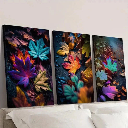 3pcs Colorful Maple Leaf Falling on the Ground Wall Art Set Canvas Framed 40x60cm - High Quality Print 100% Australian Made Wall Canvas Ready to Hang
