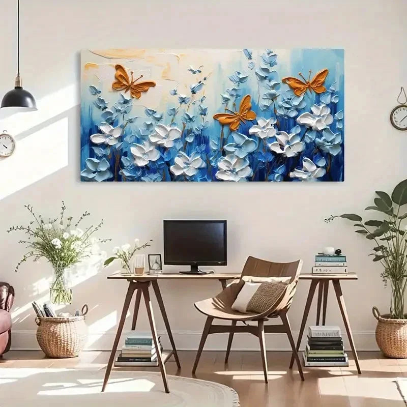 Botanical & Butterfly White Wall Art Canvas Office Home Room Framed 120x60cm