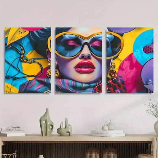 3pcs Woman with Oversized Fashion Glasses Metal Print Ready to Hang Art