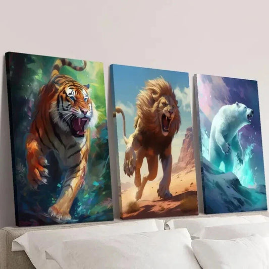 3pcs Ferocious Tiger Lion and Polar Bear Wall Art Set Canvas Framed 40x60cm - High Quality Print 100% Australian Made Wall Canvas Ready to Hang