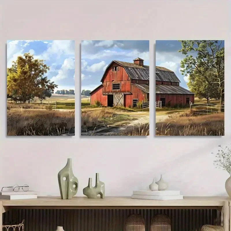 3pcs Rustic Barn Landscape Autumn Farmhouse Metal Print Ready to Hang Art