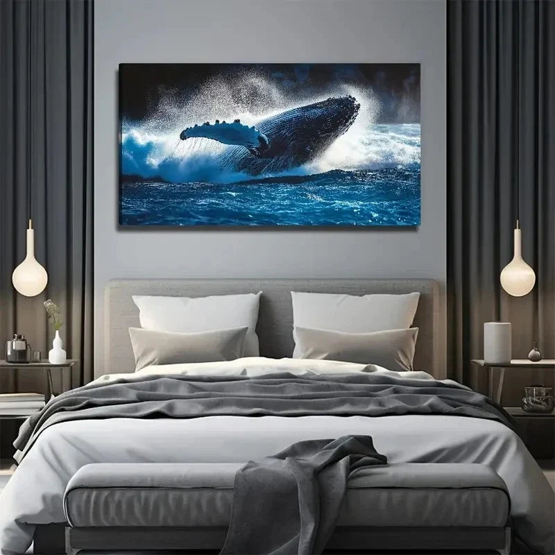 Large Whale Water Perfect Wall Art Canvas Office Home Room Framed 80x45cm
